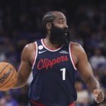 Oct 22, 2025; Salt Lake City, Utah, USA; Los Angeles Clippers guard James Harden (1) brings the ball up the court against the Utah Jazz during the second half at Delta Center. Mandatory Credit: Rob Gray-Imagn Images