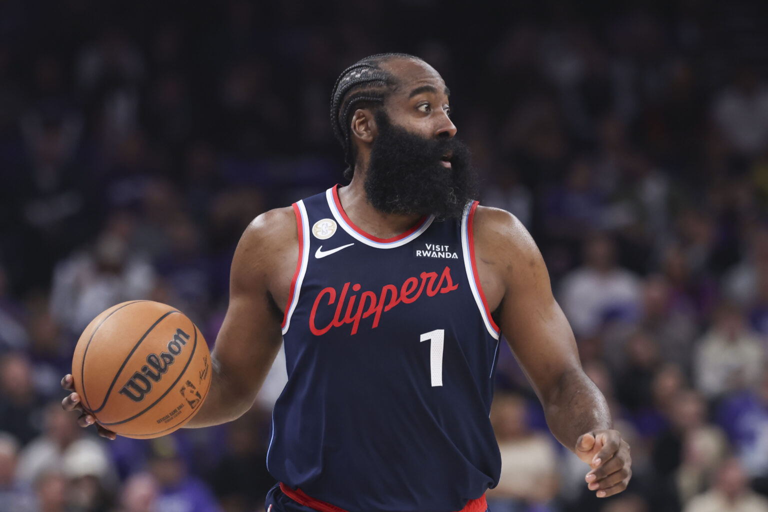 Oct 22, 2025; Salt Lake City, Utah, USA; Los Angeles Clippers guard James Harden (1) brings the ball up the court against the Utah Jazz during the second half at Delta Center. Mandatory Credit: Rob Gray-Imagn Images
