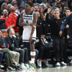 Oct 22, 2025; Portland, Oregon, USA; Minnesota Timberwolves guard Anthony Edwards (5) reacts after making a three-point shot against the Portland Trail Blazers in the second half at Moda Center. Mandatory Credit: Jaime Valdez-Imagn Images