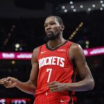 Oct 21, 2025; Oklahoma City, Oklahoma, USA; Houston Rockets forward Kevin Durant (7) gestures after a play against the Oklahoma City Thunder during the second half at Paycom Center. Mandatory Credit: Alonzo Adams-Imagn Images