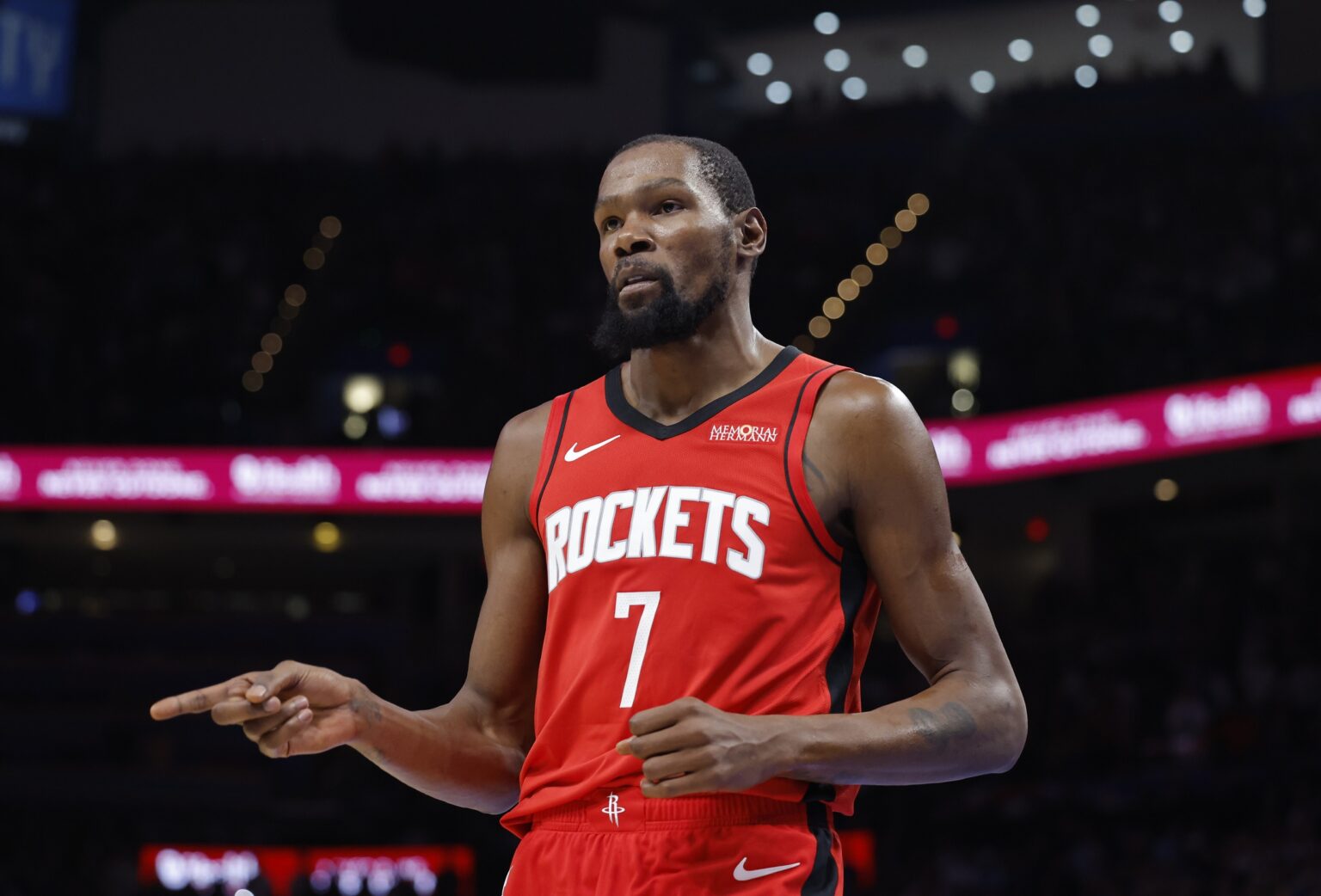 Oct 21, 2025; Oklahoma City, Oklahoma, USA; Houston Rockets forward Kevin Durant (7) gestures after a play against the Oklahoma City Thunder during the second half at Paycom Center. Mandatory Credit: Alonzo Adams-Imagn Images