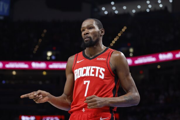 Oct 21, 2025; Oklahoma City, Oklahoma, USA; Houston Rockets forward Kevin Durant (7) gestures after a play against the Oklahoma City Thunder during the second half at Paycom Center. Mandatory Credit: Alonzo Adams-Imagn Images