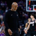 Mar 27, 2025; Sacramento, California, USA; Portland Trail Blazers head coach Chauncey Billups calls a time out during the fourth quarter against the Sacramento Kings at Golden 1 Center. Mandatory Credit: Sergio Estrada-Imagn Images