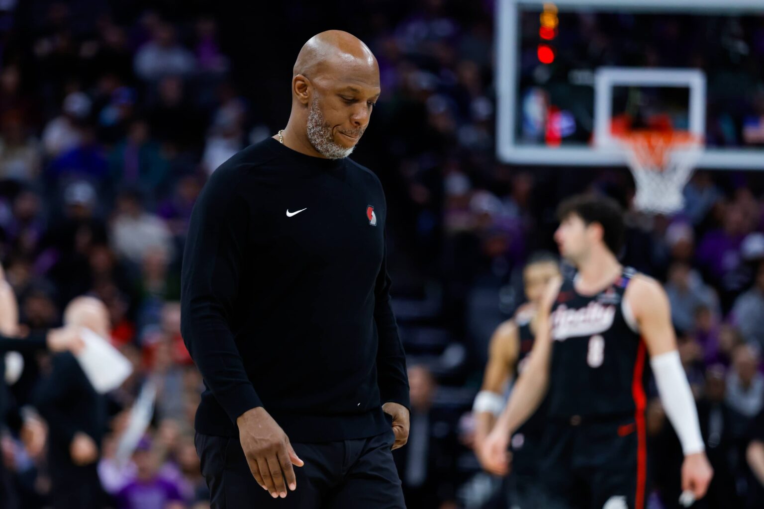Mar 27, 2025; Sacramento, California, USA; Portland Trail Blazers head coach Chauncey Billups calls a time out during the fourth quarter against the Sacramento Kings at Golden 1 Center. Mandatory Credit: Sergio Estrada-Imagn Images