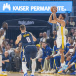 Oct 23, 2025; San Francisco, California, USA; Golden State Warriors guard Stephen Curry (30) puts up a shot against the Denver Nuggets during the first quarter at Chase Center. Mandatory Credit: Bob Kupbens-Imagn Images