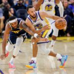 Oct 23, 2025; San Francisco, California, USA; Golden State Warriors guard Stephen Curry (30) steals the ball from Denver Nuggets guard Bruce Brown (11) during the second quarter at Chase Center. Mandatory Credit: Bob Kupbens-Imagn Images