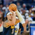 Oct 23, 2025; San Francisco, California, USA; Denver Nuggets forward Aaron Gordon (32) shoots against the Golden State Warriors during the second quarter at Chase Center. Mandatory Credit: Bob Kupbens-Imagn Images