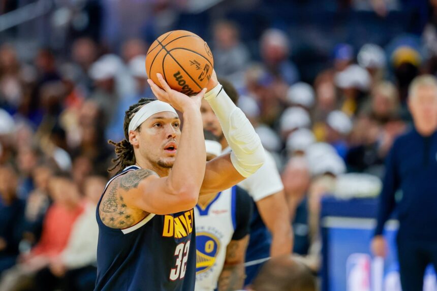 Oct 23, 2025; San Francisco, California, USA; Denver Nuggets forward Aaron Gordon (32) shoots against the Golden State Warriors during the second quarter at Chase Center. Mandatory Credit: Bob Kupbens-Imagn Images