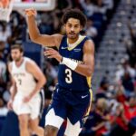 Oct 24, 2025; New Orleans, Louisiana, USA; New Orleans Pelicans guard Jordan Poole (3) reacts to making a three point basket against the San Antonio Spurs during the first half at Smoothie King Center. Mandatory Credit: Stephen Lew-Imagn Images