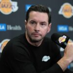 Oct 24, 2025; Los Angeles, California, USA; Los Angeles Lakers head coach JJ Redick at a press conference at Crypto.com Arena. Mandatory Credit: Kirby Lee-Imagn Images