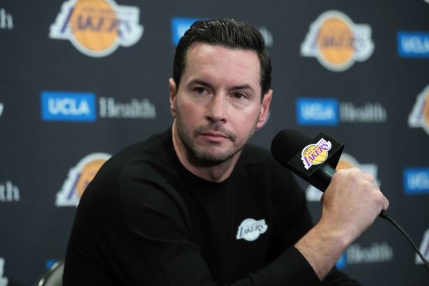 Oct 24, 2025; Los Angeles, California, USA; Los Angeles Lakers head coach JJ Redick at a press conference at Crypto.com Arena. Mandatory Credit: Kirby Lee-Imagn Images