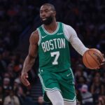 Celtics guard Jaylen Brown dribbles up court during the fourth quarter against the Knicks at Madison Square Garden