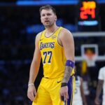 Oct 24, 2025; Los Angeles, California, USA; Los Angeles Lakers guard Luka Doncic (77) reacts in the second half against the Minnesota Timberwolves at Crypto.com Arena. Mandatory Credit: Kirby Lee-Imagn Images