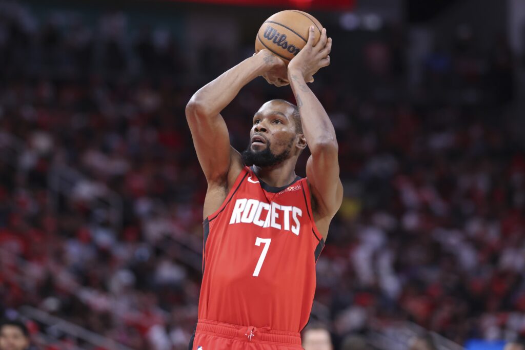 Oct 24, 2025; Houston, Texas, USA; Houston Rockets forward Kevin Durant (7) shoots a free throw during the second quarter against the Detroit Pistons at Toyota Center. Mandatory Credit: Troy Taormina-Imagn Images