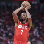 Oct 24, 2025; Houston, Texas, USA; Houston Rockets forward Kevin Durant (7) shoots a free throw during the second quarter against the Detroit Pistons at Toyota Center. Mandatory Credit: Troy Taormina-Imagn Images