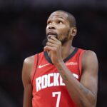 Oct 24, 2025; Houston, Texas, USA; Houston Rockets forward Kevin Durant (7) looks up during the third quarter against the Detroit Pistons at Toyota Center. Mandatory Credit: Troy Taormina-Imagn Images