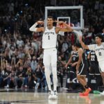 Oct 26, 2025; San Antonio, Texas, USA; San Antonio Spurs forward Victor Wembanyama (1) celebrates a three-point shot in the second half against the Brooklyn Nets at Frost Bank Center. Mandatory Credit: Daniel Dunn-Imagn Images