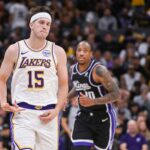 Oct 26, 2025; Sacramento, California, USA; Los Angeles Lakers guard Austin Reaves (15) reacts after making a three point shot against the Sacramento Kings during the fourth quarter at Golden 1 Center. Mandatory Credit: Ed Szczepanski-Imagn Images