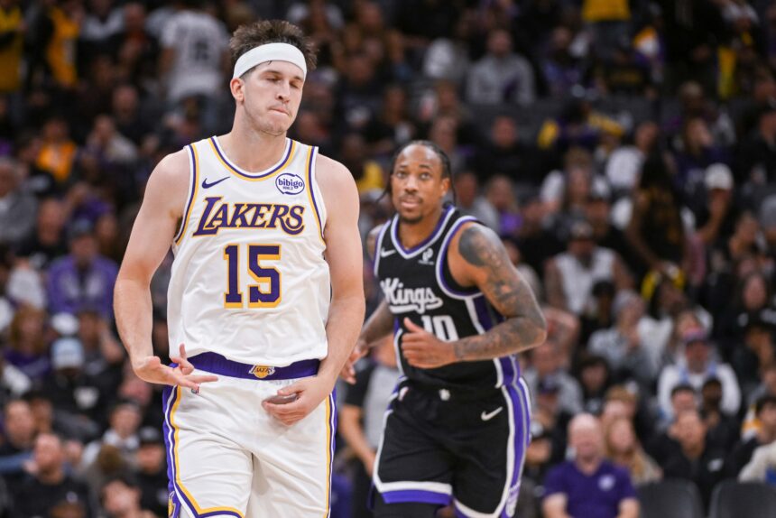 Oct 26, 2025; Sacramento, California, USA; Los Angeles Lakers guard Austin Reaves (15) reacts after making a three point shot against the Sacramento Kings during the fourth quarter at Golden 1 Center. Mandatory Credit: Ed Szczepanski-Imagn Images