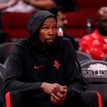 Oct 27, 2025; Houston, Texas, USA; Houston Rockets forward Kevin Durant (7) prior to the game against the Brooklyn Nets at Toyota Center. Mandatory Credit: Erik Williams-Imagn Images
