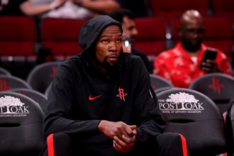 Oct 27, 2025; Houston, Texas, USA; Houston Rockets forward Kevin Durant (7) prior to the game against the Brooklyn Nets at Toyota Center. Mandatory Credit: Erik Williams-Imagn Images