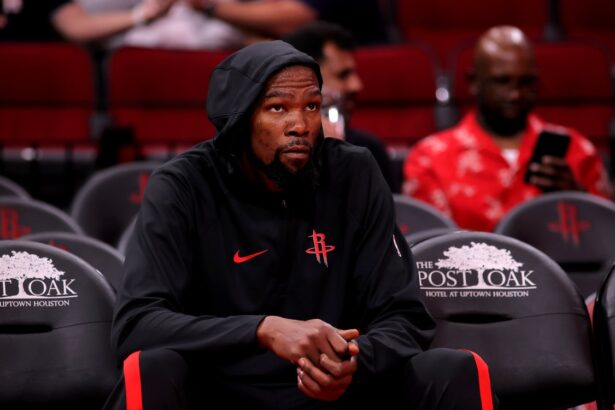 Oct 27, 2025; Houston, Texas, USA; Houston Rockets forward Kevin Durant (7) prior to the game against the Brooklyn Nets at Toyota Center. Mandatory Credit: Erik Williams-Imagn Images