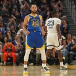 Oct 27, 2025; San Francisco, California, USA; Golden State Warriors guard Stephen Curry (30) reacts after the Warriors made a basket while being fouled against the Memphis Grizzlies in the second quarter at the Chase Center. Mandatory Credit: Cary Edmondson-Imagn Images