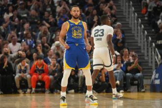 Oct 27, 2025; San Francisco, California, USA; Golden State Warriors guard Stephen Curry (30) reacts after the Warriors made a basket while being fouled against the Memphis Grizzlies in the second quarter at the Chase Center. Mandatory Credit: Cary Edmondson-Imagn Images