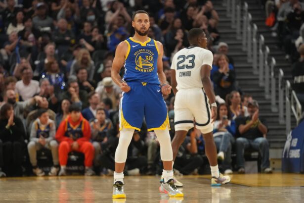 Oct 27, 2025; San Francisco, California, USA; Golden State Warriors guard Stephen Curry (30) reacts after the Warriors made a basket while being fouled against the Memphis Grizzlies in the second quarter at the Chase Center. Mandatory Credit: Cary Edmondson-Imagn Images