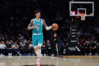 Oct 28, 2025; Miami, Florida, USA; Charlotte Hornets guard Lamelo Ball (1) dribbles the basketball against the Miami Heat during the second quarter at Kaseya Center. Mandatory Credit: Sam Navarro-Imagn Images