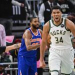 Oct 28, 2025; Milwaukee, Wisconsin, USA; Milwaukee Bucks forward Giannis Antetokounmpo (34) reacts after scoring a basket in the 3rd quarter against the New York Knicks at Fiserv Forum. Mandatory Credit: Benny Sieu-Imagn Images