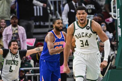 Oct 28, 2025; Milwaukee, Wisconsin, USA; Milwaukee Bucks forward Giannis Antetokounmpo (34) reacts after scoring a basket in the 3rd quarter against the New York Knicks at Fiserv Forum. Mandatory Credit: Benny Sieu-Imagn Images