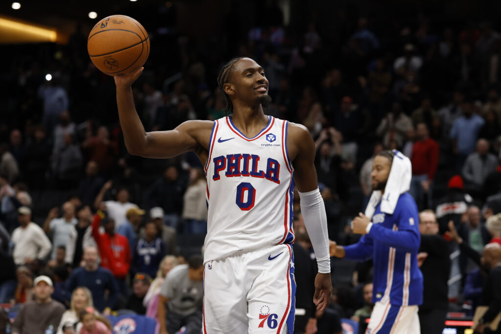Oct 28, 2025; Washington, District of Columbia, USA; Philadelphia 76ers guard Tyrese Maxey (0) celebrates after the final horn against the Washington Wizards at Capital One Arena. Mandatory Credit: Geoff Burke-Imagn Images