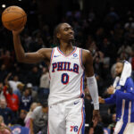Oct 28, 2025; Washington, District of Columbia, USA; Philadelphia 76ers guard Tyrese Maxey (0) celebrates after the final horn against the Washington Wizards at Capital One Arena. Mandatory Credit: Geoff Burke-Imagn Images