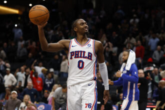 Oct 28, 2025; Washington, District of Columbia, USA; Philadelphia 76ers guard Tyrese Maxey (0) celebrates after the final horn against the Washington Wizards at Capital One Arena. Mandatory Credit: Geoff Burke-Imagn Images