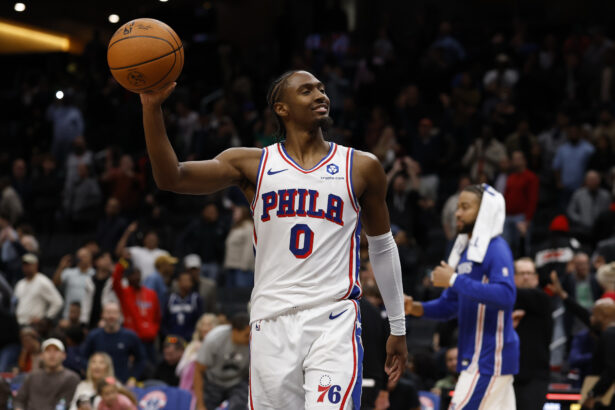 Oct 28, 2025; Washington, District of Columbia, USA; Philadelphia 76ers guard Tyrese Maxey (0) celebrates after the final horn against the Washington Wizards at Capital One Arena. Mandatory Credit: Geoff Burke-Imagn Images
