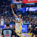 Oct 28, 2025; San Francisco, California, USA; Golden State Warriors guard Stephen Curry (30) shoots a layup against against the LA Clippers during the first quarter at Chase Center. Mandatory Credit: Neville E. Guard-Imagn Images