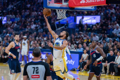 Oct 28, 2025; San Francisco, California, USA; Golden State Warriors guard Stephen Curry (30) shoots a layup against against the LA Clippers during the first quarter at Chase Center. Mandatory Credit: Neville E. Guard-Imagn Images
