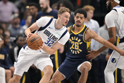 Oct 29, 2025; Dallas, Texas, USA; Dallas Mavericks forward Cooper Flagg (32) moves to the basket past Indiana Pacers guard Ben Sheppard (26) during the first quarter at the American Airlines Center. Mandatory Credit: Jerome Miron-Imagn Images