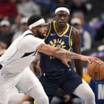 Oct 29, 2025; Dallas, Texas, USA; Dallas Mavericks forward Anthony Davis (3) controls the ball in front of Indiana Pacers forward Pascal Siakam (43) during the first quarter at the American Airlines Center. Mandatory Credit: Jerome Miron-Imagn Images