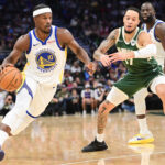 Oct 30, 2025; Milwaukee, Wisconsin, USA; Golden State Warriors forward Jimmy Butler (10) drives for the basket against Milwaukee Bucks forward Amir Coffey (17) in the second quarter at Fiserv Forum. Mandatory Credit: Benny Sieu-Imagn Images