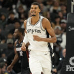 Oct 30, 2025; San Antonio, Texas, USA; San Antonio Spurs forward Victor Wembanyama (1) reacts after losing the ball out of bounds during the second half against the Miami Heat at Frost Bank Center. Mandatory Credit: Scott Wachter-Imagn Images