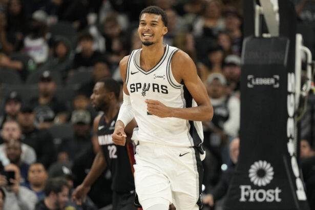 Oct 30, 2025; San Antonio, Texas, USA; San Antonio Spurs forward Victor Wembanyama (1) reacts after losing the ball out of bounds during the second half against the Miami Heat at Frost Bank Center. Mandatory Credit: Scott Wachter-Imagn Images