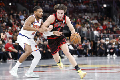 Oct 31, 2025; Chicago, Illinois, USA; Chicago Bulls guard Josh Giddey (3) drives to the basket against New York Knicks guard Miles McBride (2) during the first half at United Center. Mandatory Credit: Kamil Krzaczynski-Imagn Images