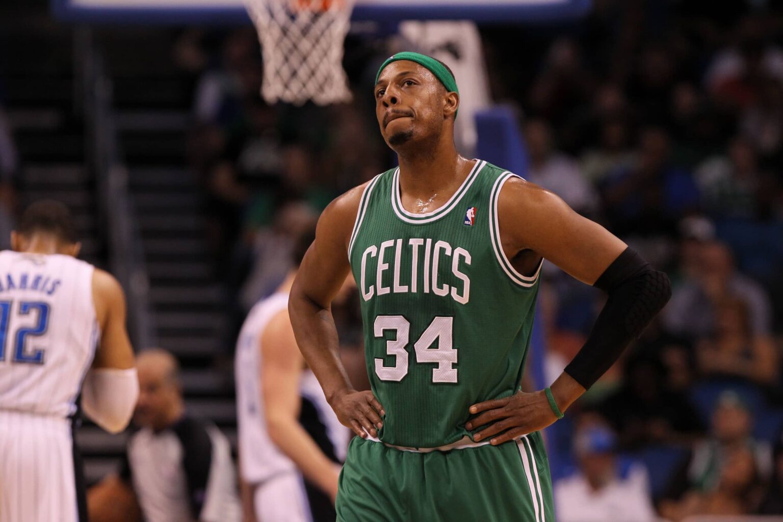 Apr 13, 2013; Orlando, FL, USA; Boston Celtics small forward Paul Pierce (34) reacts during the first quarter against the Orlando Magic at the Amway Center. Mandatory Credit: Kim Klement-Imagn Images