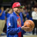 Apr 8, 2016; Philadelphia, PA, USA; Philadelphia 76ers legend Allen Iverson delivers the ball for tip off against the New York Knicks at Wells Fargo Center. The New York Knicks won 109-102. Mandatory Credit: Bill Streicher-Imagn Images
