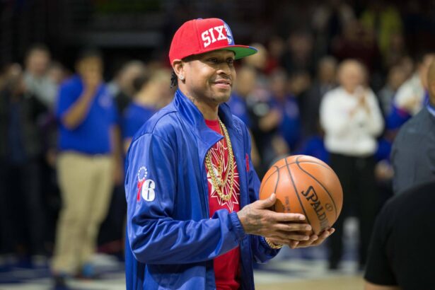Apr 8, 2016; Philadelphia, PA, USA; Philadelphia 76ers legend Allen Iverson delivers the ball for tip off against the New York Knicks at Wells Fargo Center. The New York Knicks won 109-102. Mandatory Credit: Bill Streicher-Imagn Images