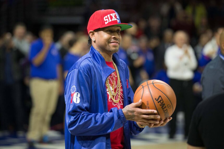 Apr 8, 2016; Philadelphia, PA, USA; Philadelphia 76ers legend Allen Iverson delivers the ball for tip off against the New York Knicks at Wells Fargo Center. The New York Knicks won 109-102. Mandatory Credit: Bill Streicher-Imagn Images
