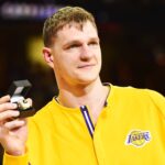 Los Angeles Lakers center Timofey Mozgov with his championship ring before the game between the Cleveland Cavaliers and the Los Angeles Lakers at Quicken Loans Arena.