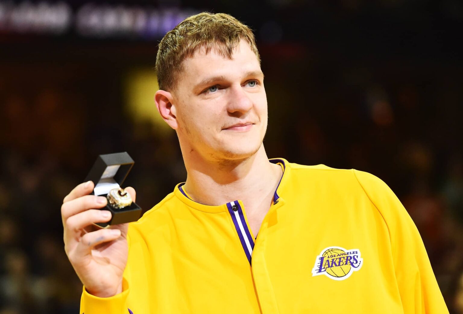 Los Angeles Lakers center Timofey Mozgov with his championship ring before the game between the Cleveland Cavaliers and the Los Angeles Lakers at Quicken Loans Arena.